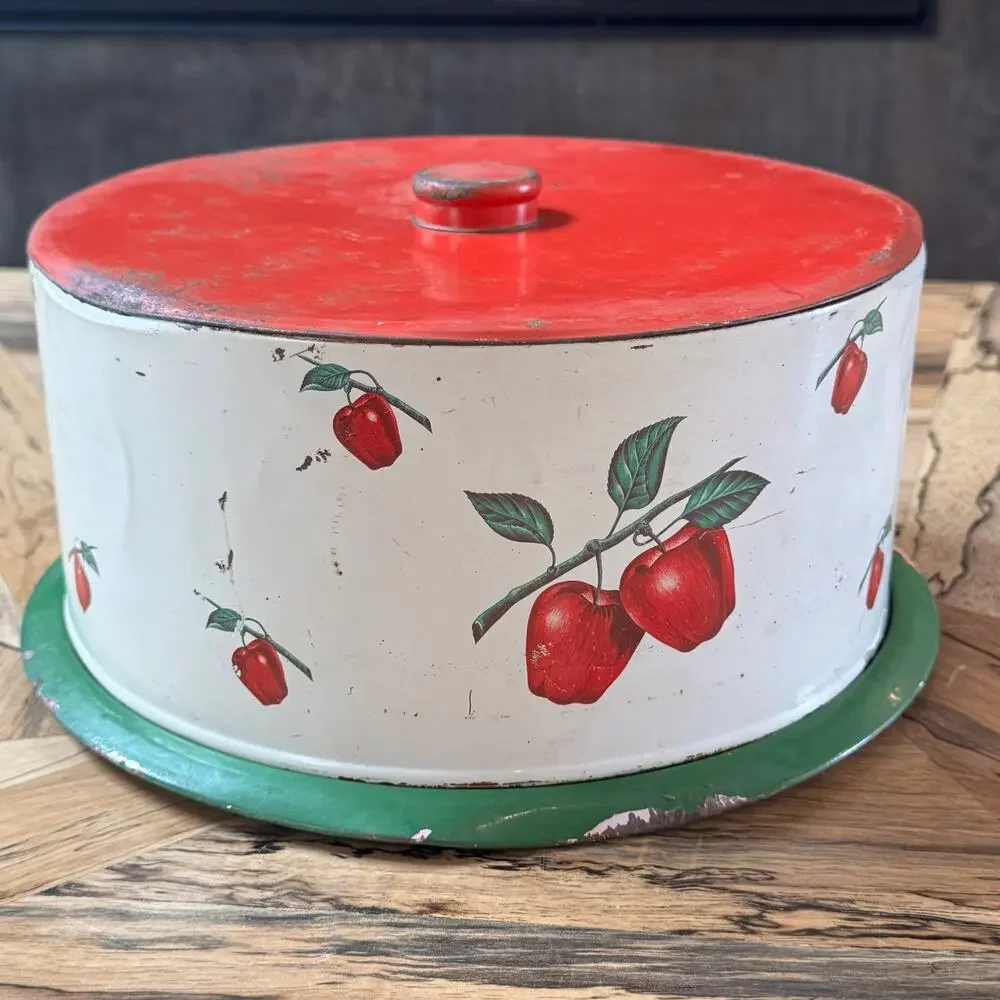 Vintage Decoware Tin Cake Carrier 1950s Metal Keeper Apple Litho Mid Century